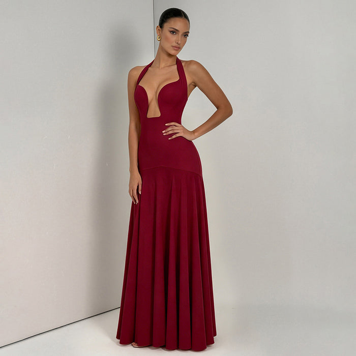 Aneva Halter Neck Fit and Flare Maxi Dress - Burgundy