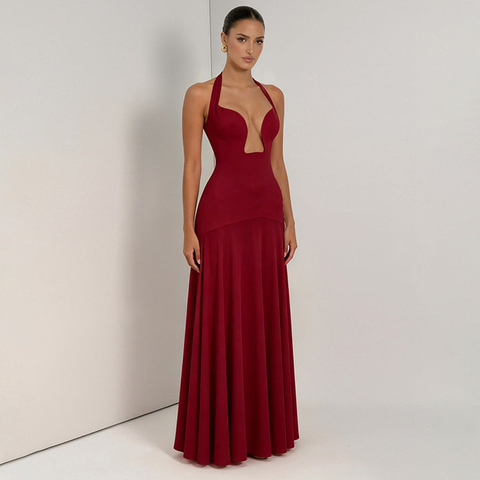Aneva Halter Neck Fit and Flare Maxi Dress - Burgundy