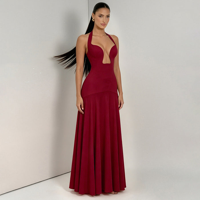 Aneva Halter Neck Fit and Flare Maxi Dress - Burgundy