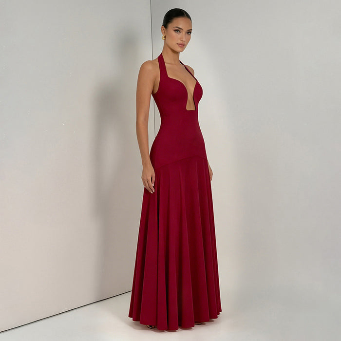 Aneva Halter Neck Fit and Flare Maxi Dress - Burgundy