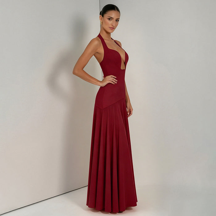 Aneva Halter Neck Fit and Flare Maxi Dress - Burgundy
