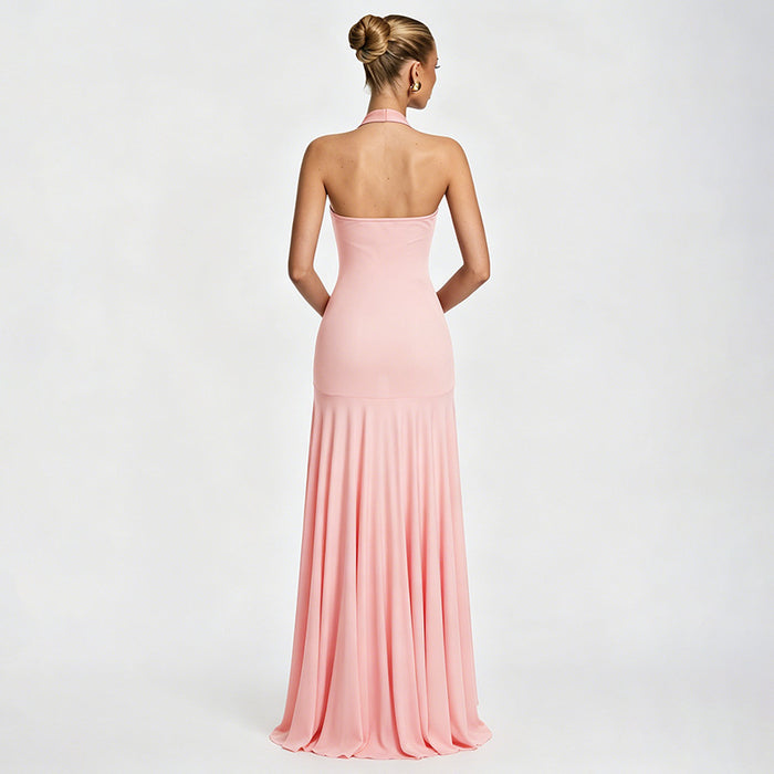 Aneva Halter Neck Fit and Flare Maxi Dress - Pink