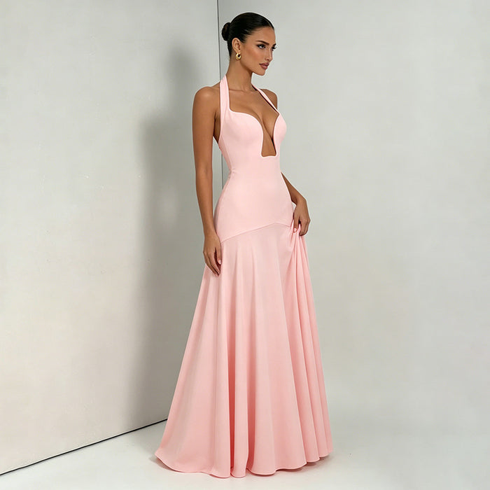Aneva Halter Neck Fit and Flare Maxi Dress - Pink