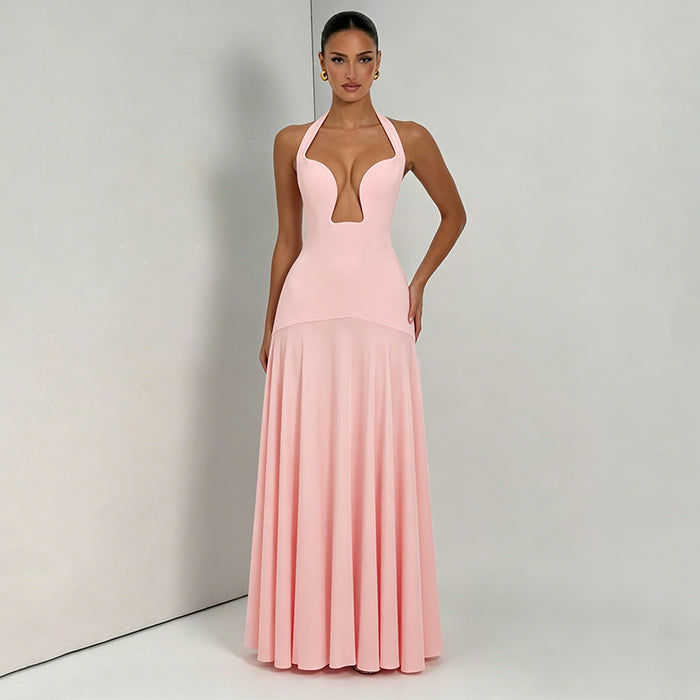Aneva Halter Neck Fit and Flare Maxi Dress - Pink