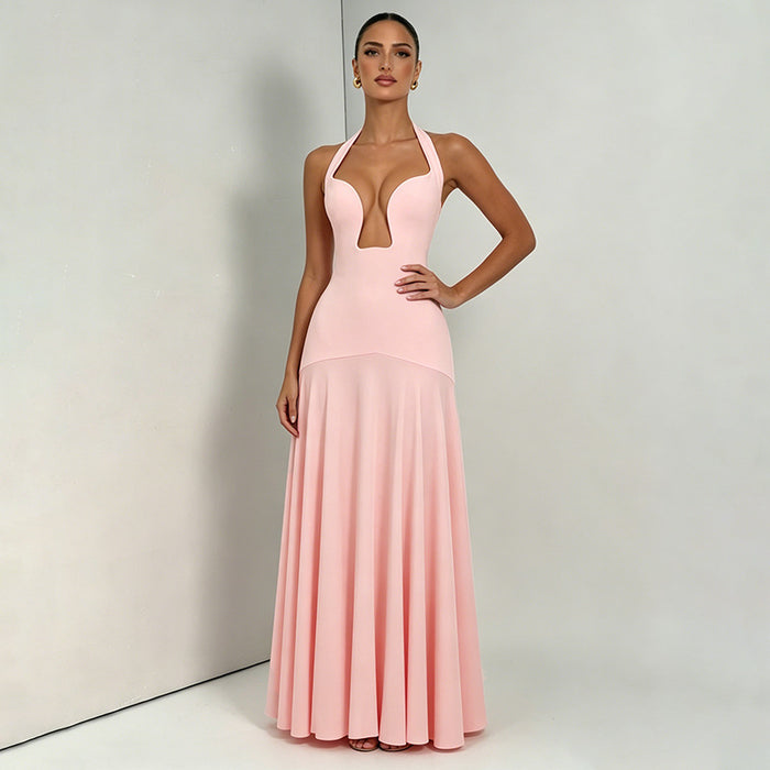 Aneva Halter Neck Fit and Flare Maxi Dress - Pink