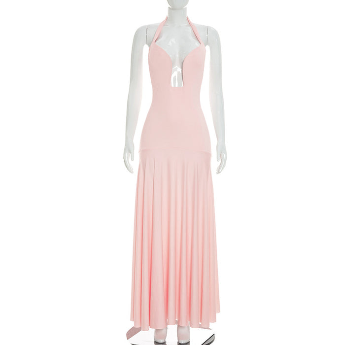 Aneva Halter Neck Fit and Flare Maxi Dress - Pink