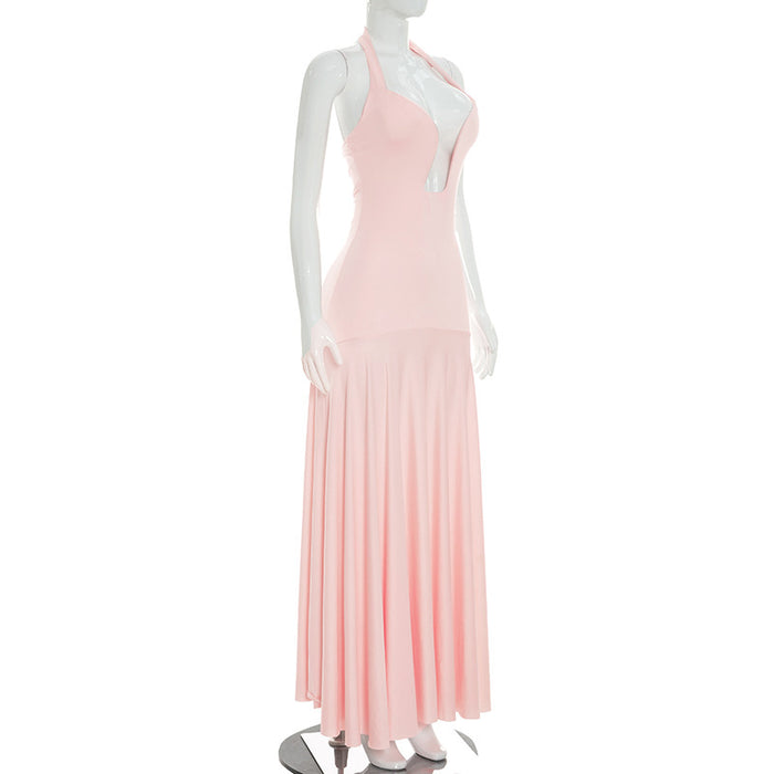Aneva Halter Neck Fit and Flare Maxi Dress - Pink