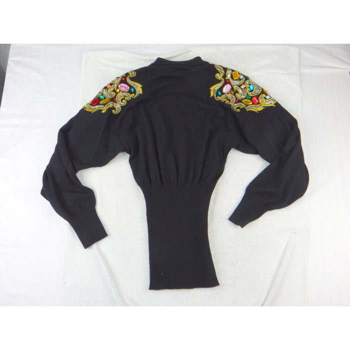 Ann Tjian for Kenar Vintage Black Lambswool Beaded Rhinestone Sweater Medium1