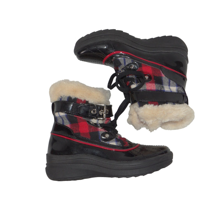 Anne Klein Sport AKGALLUP Black Plaid Faux Fur Trim Winter Duck Boots Womens 6M0