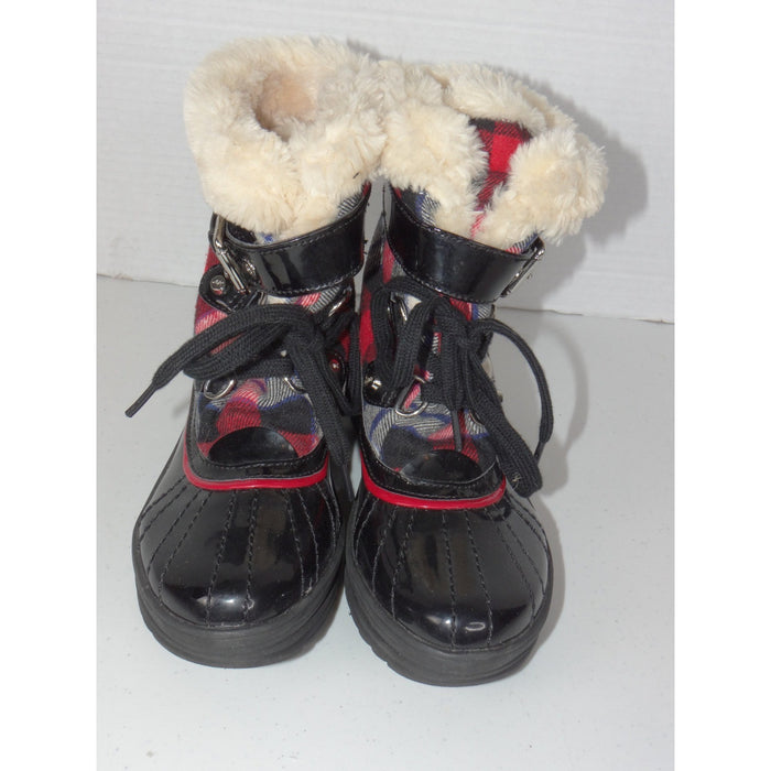 Anne Klein Sport AKGALLUP Black Plaid Faux Fur Trim Winter Duck Boots Womens 6M4