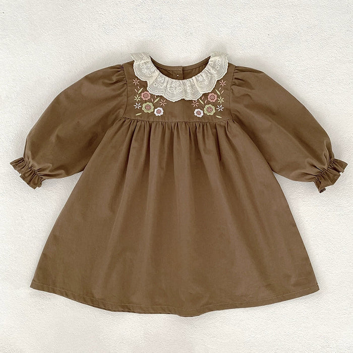 Arrival Autumn Girls Flowers Embroidery Pattern Long Sleeves Dress with Collar
