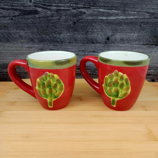 Artichoke Set of 2 Coffee or Tea Mug Jeweled Veg 16oz (473ml) Red and Green Cup