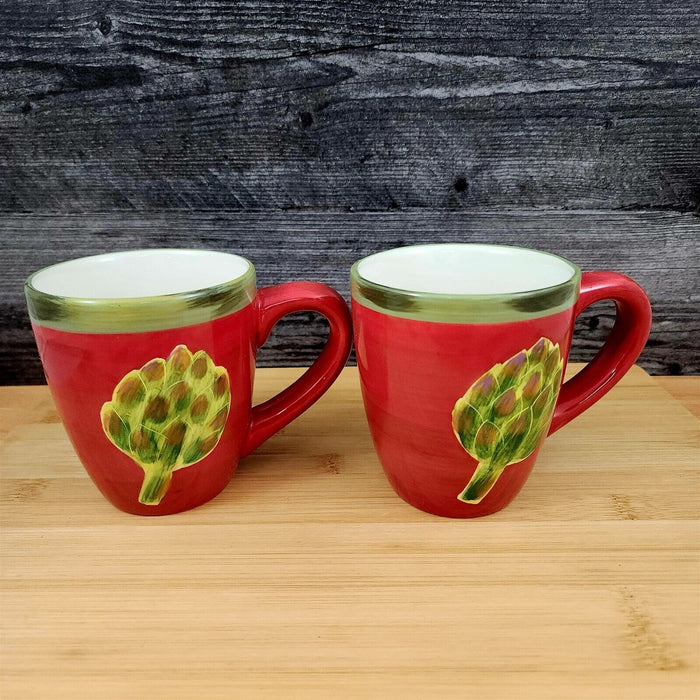 Artichoke Set of 2 Coffee or Tea Mug Jeweled Veg 16oz (473ml) Red and Green Cup
