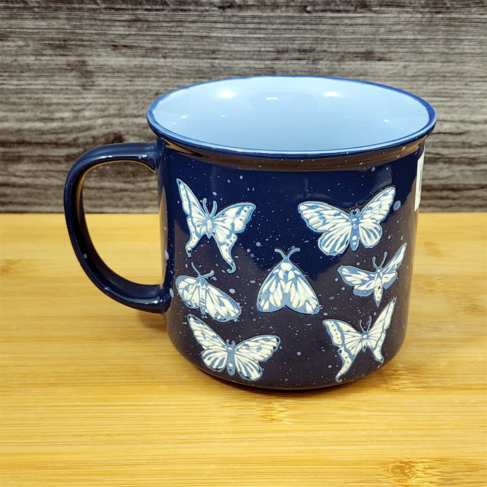 Artisan Butterfly & Moth Mug Nature Motif Ceramic Embossed 18oz Tea Cup Blue Sky