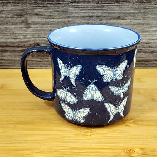 Artisan Butterfly & Moth Mug Nature Motif Ceramic Embossed 18oz Tea Cup Blue Sky