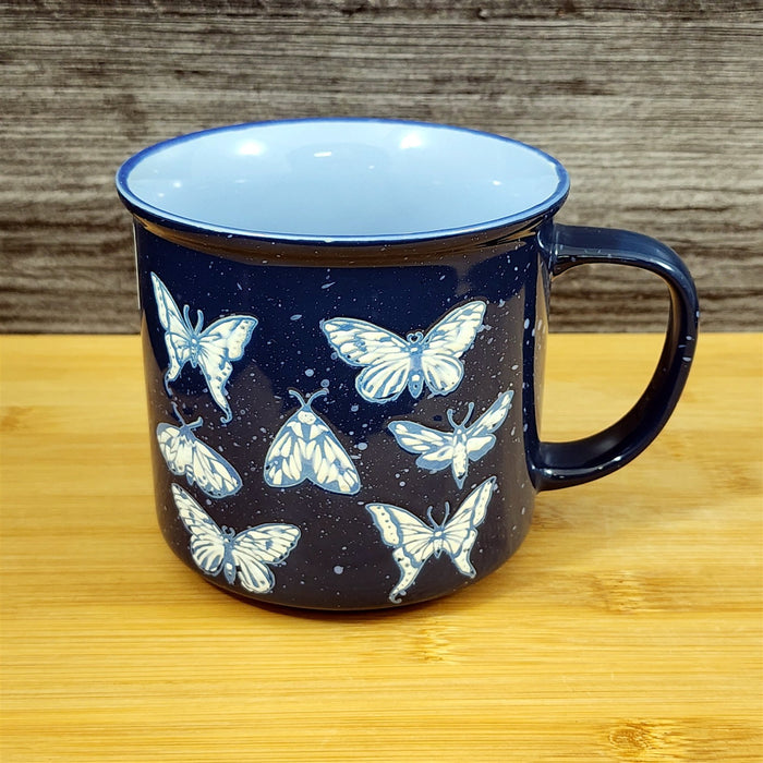 Artisan Butterfly & Moth Mug Nature Motif Ceramic Embossed 18oz Tea Cup Blue Sky