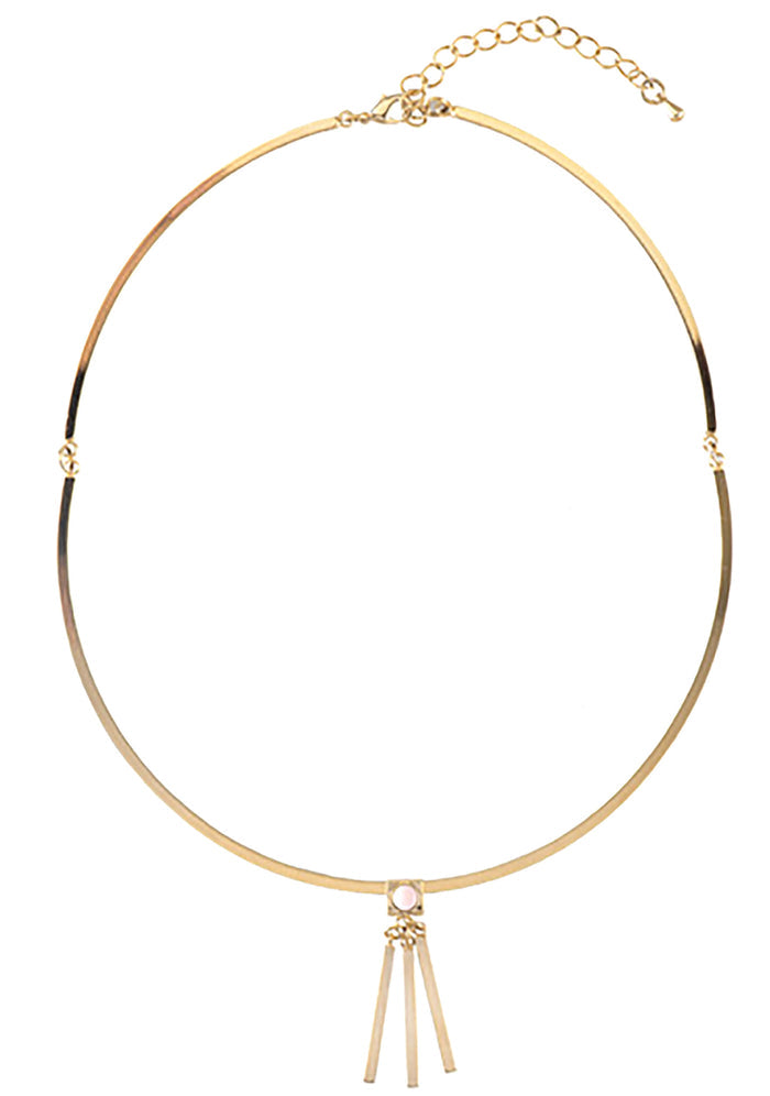 Wanderlust + Co Ava Choker in gold rose with rose quartz gemstone and bar fringe pendant on 14k gold plated movable festival choker — front view