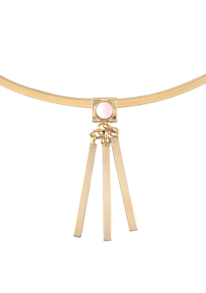 Wanderlust + Co Ava Choker in gold rose with rose quartz gemstone and bar fringe pendant on 14k gold plated movable festival choker — pendant detail view