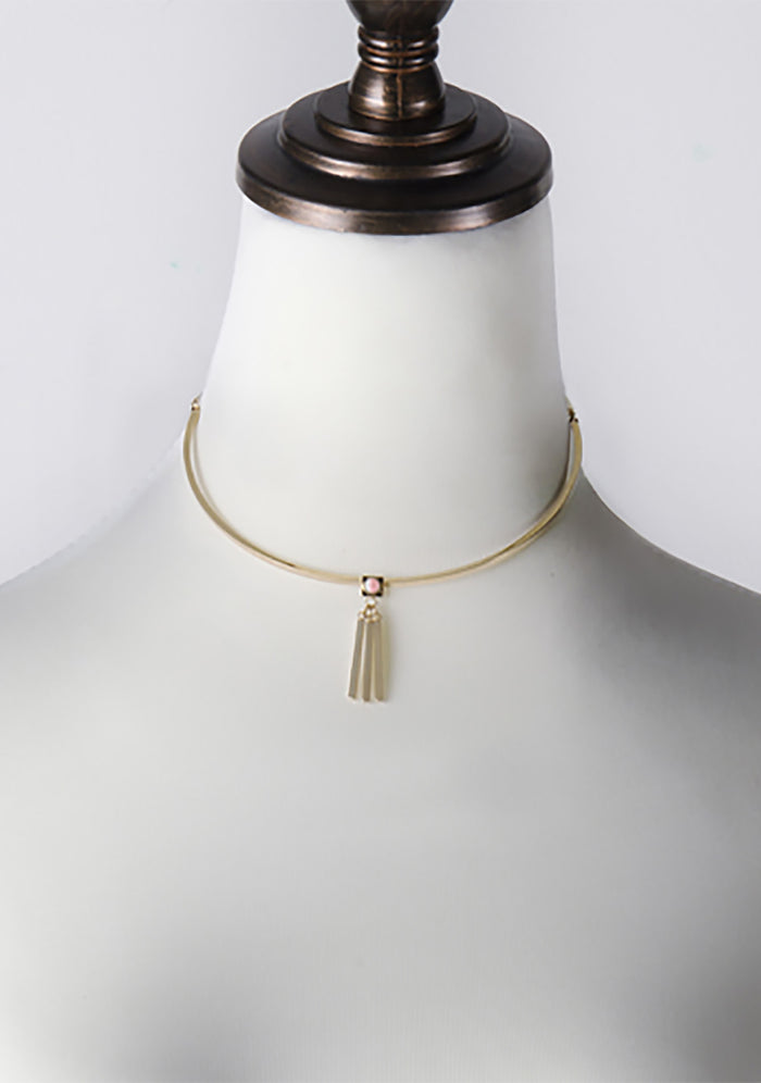 Wanderlust + Co Ava Choker in gold rose with rose quartz gemstone and bar fringe pendant on 14k gold plated movable festival choker — side detail view