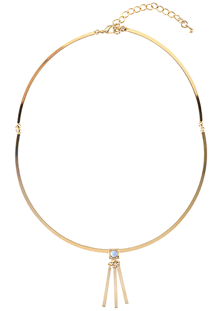 Wanderlust + Co Ava Choker in gold sky with sky blue quartz gemstone and bar fringe pendant on 14k gold plated movable festival choker — front view
