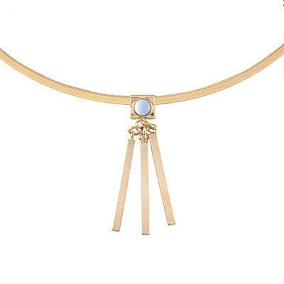 Wanderlust + Co Ava Choker in gold sky with sky blue quartz gemstone and bar fringe pendant on 14k gold plated movable festival choker — pendant detail view