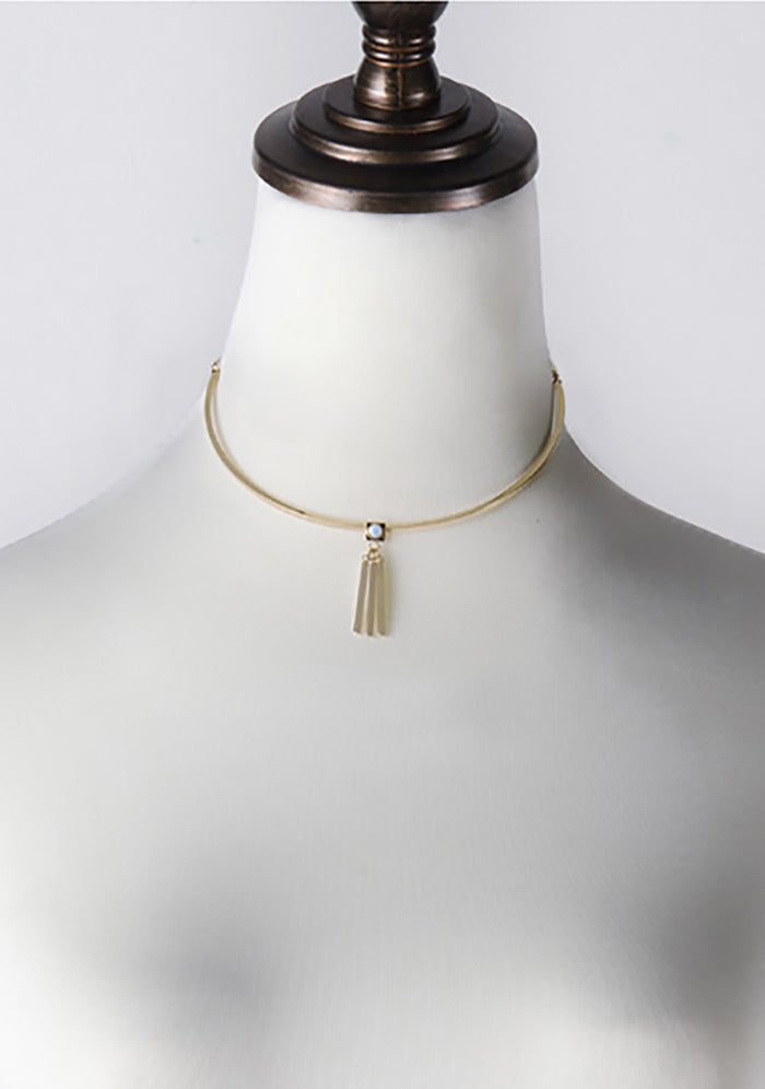 Wanderlust + Co Ava Choker in gold sky with sky blue quartz gemstone and bar fringe pendant on 14k gold plated movable festival choker — side detail view