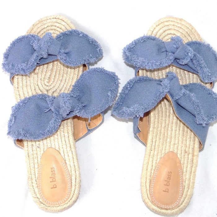 B Blass Womens Blue Frayed Bow Espadrille Slide Sandals Flat Jute Size 7.5M 386