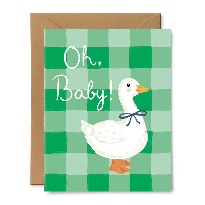 Greeting card with a duck illustration and 'Oh, Baby!' text on a green checkered background