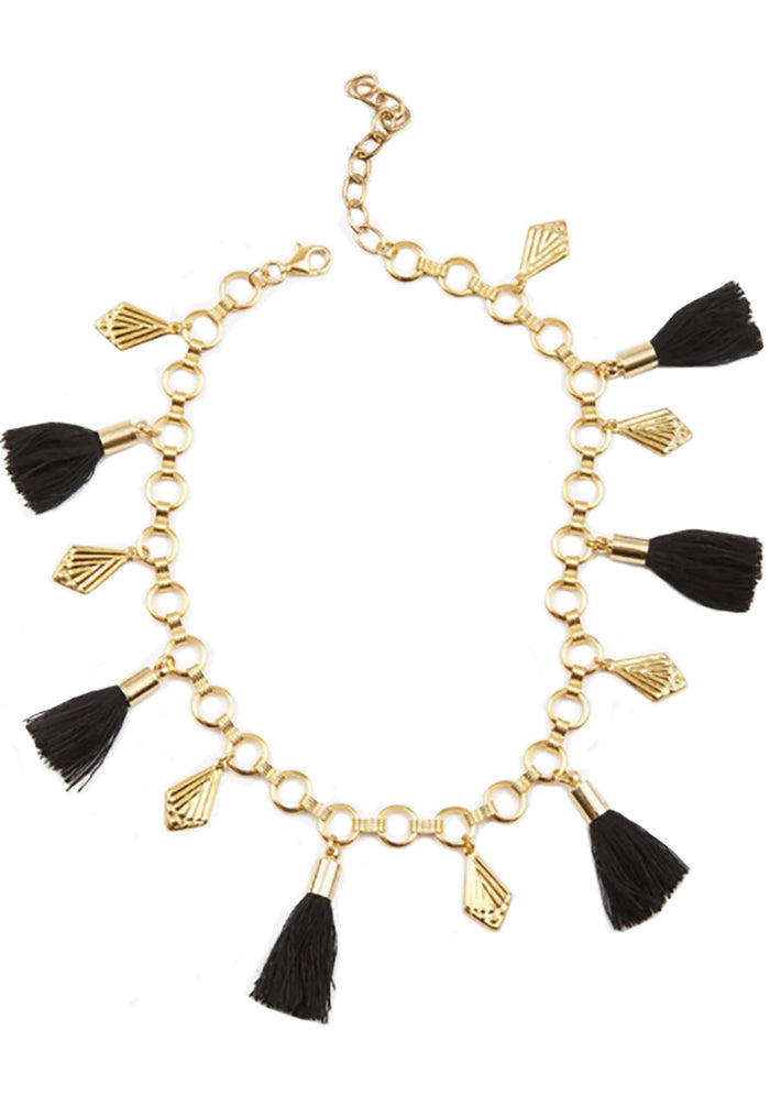 Frasier Sterling Bahama Mama Choker in gold black with tassel pendants and gold plated hardware on festival choker — front view