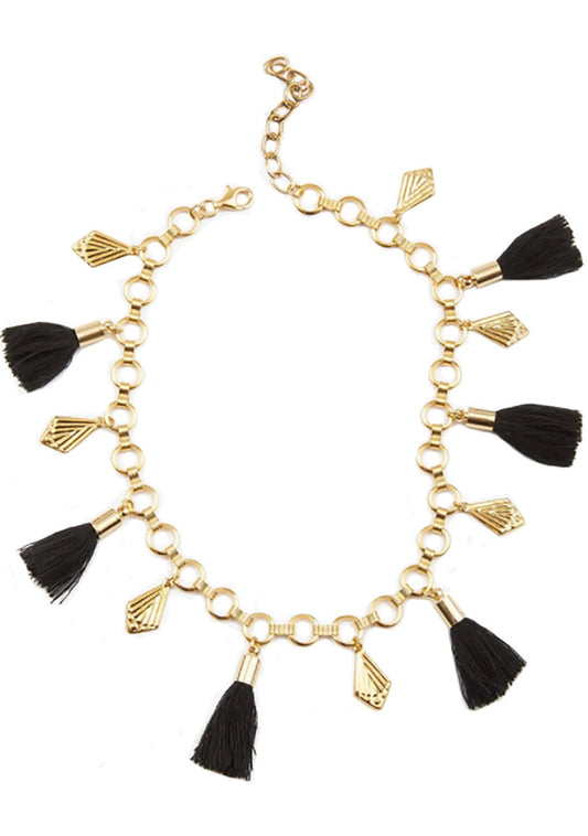 Frasier Sterling Bahama Mama Choker in gold black with tassel pendants and gold plated hardware on festival choker — front view