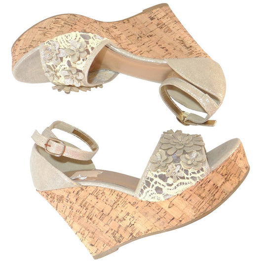 Bamboo Womens Champagne Gold Floral Lace Cork Wedge Platform Sandals Size 100