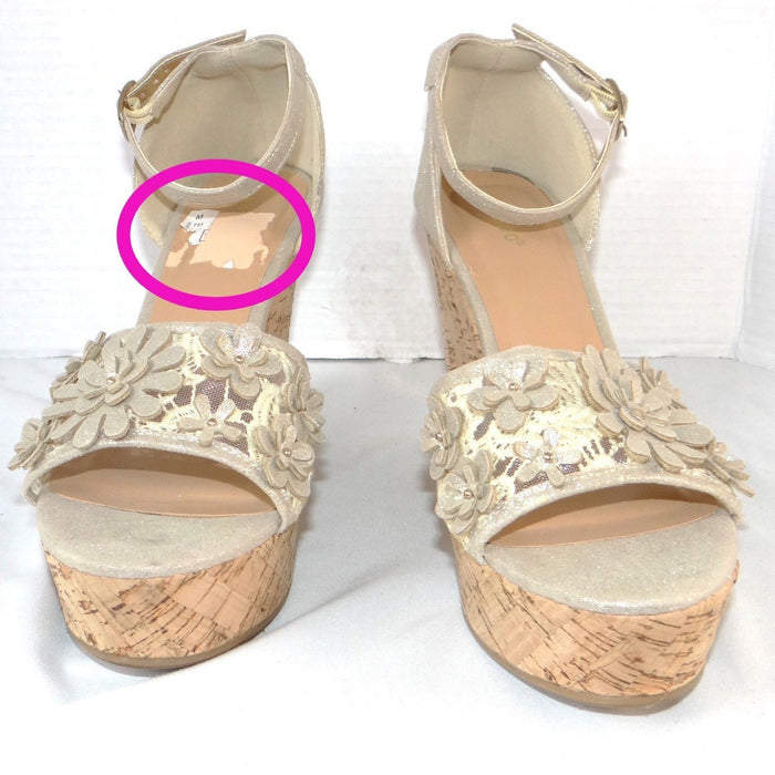 Bamboo Womens Champagne Gold Floral Lace Cork Wedge Platform Sandals Size 104