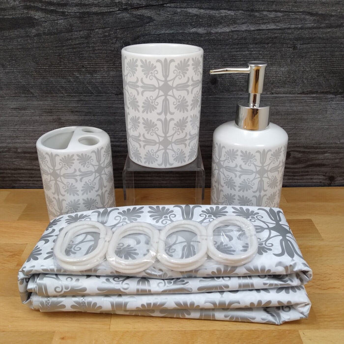 Bathroom Set in White and Gray Toothbrush Holder Soap Dispenser Shower Curtain
