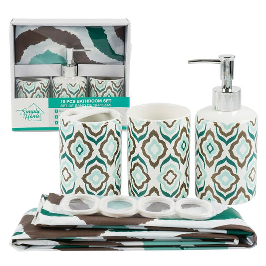 Bathroom Set Multi Color Design Toothbrush Holder Soap Dispenser Shower Curtain