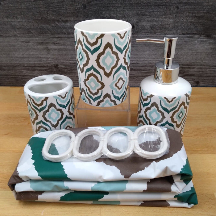 Bathroom Set Multi Color Design Toothbrush Holder Soap Dispenser Shower Curtain