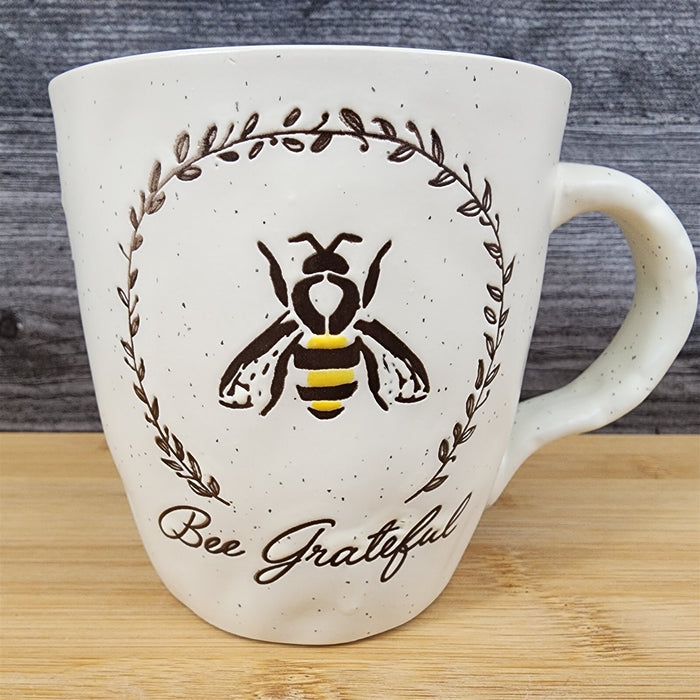 Be Grateful Saying Coffee Mug 16oz Bee Embossed Ceramic Tea Cup Blue Sky