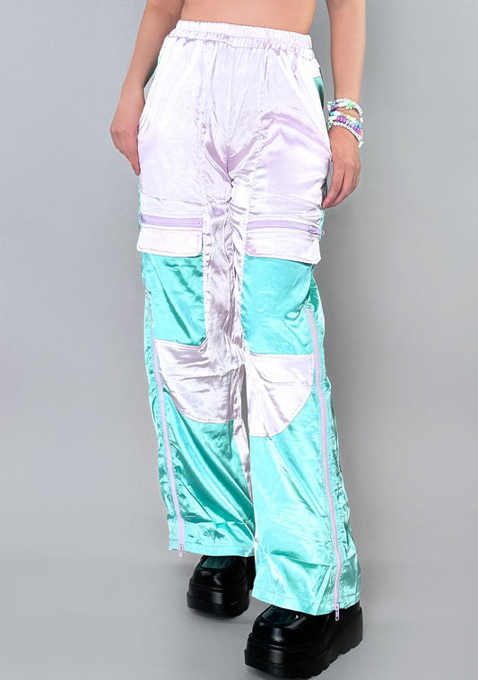 Hot & Delicious Bella Dream Colorblock Satin Cargo Pants in lavender mint with two-tone colorblock look on festival rave bottoms — model view