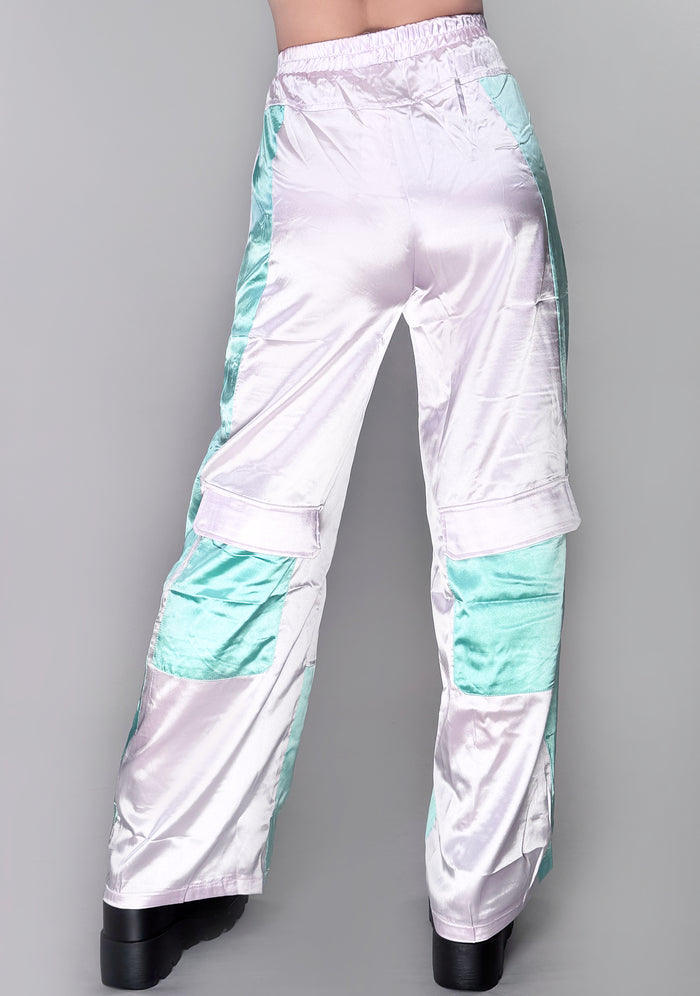 Hot & Delicious Bella Dream Colorblock Satin Cargo Pants in lavender mint — model back view