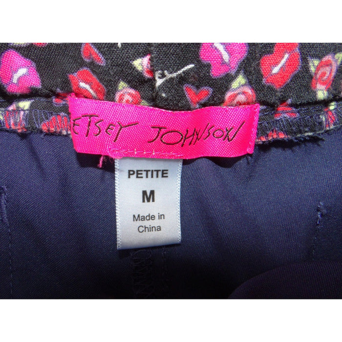 Betsey Johnson Navy Blue Cargo Scrub Pants Petite Medium Heart Pin Floral3
