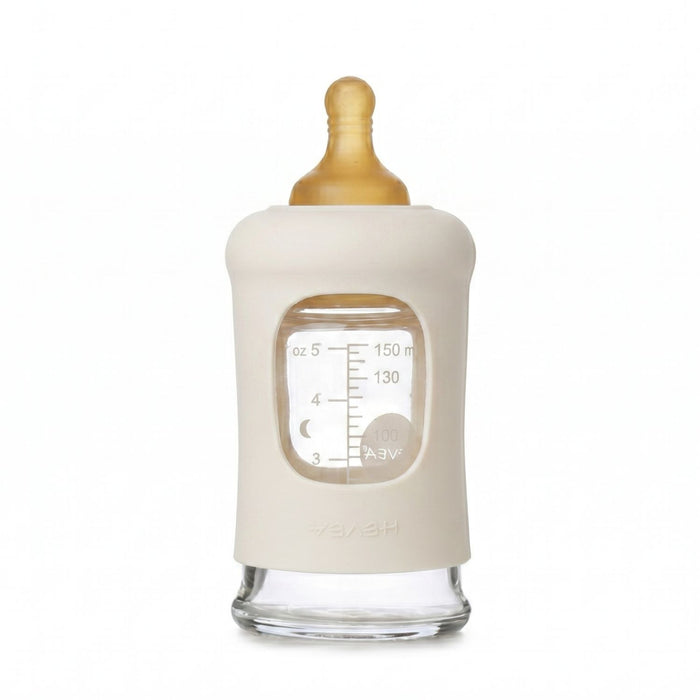 Biberon en verre à col large avec manchon Hevea 150ml - Ivoire