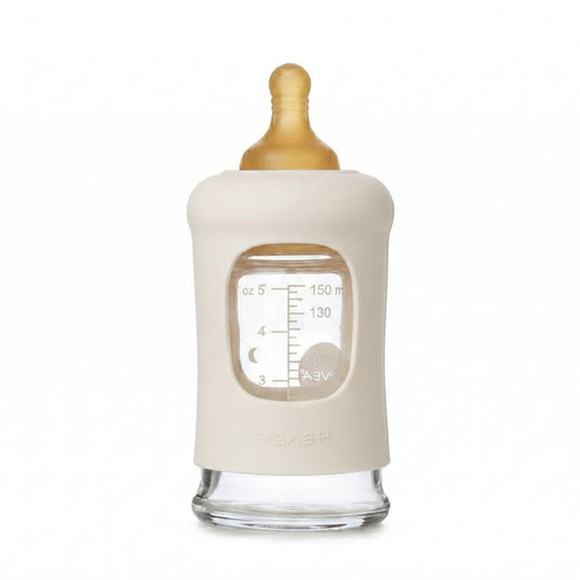 Biberon en verre à col large avec manchon Hevea 150ml - Ivoire