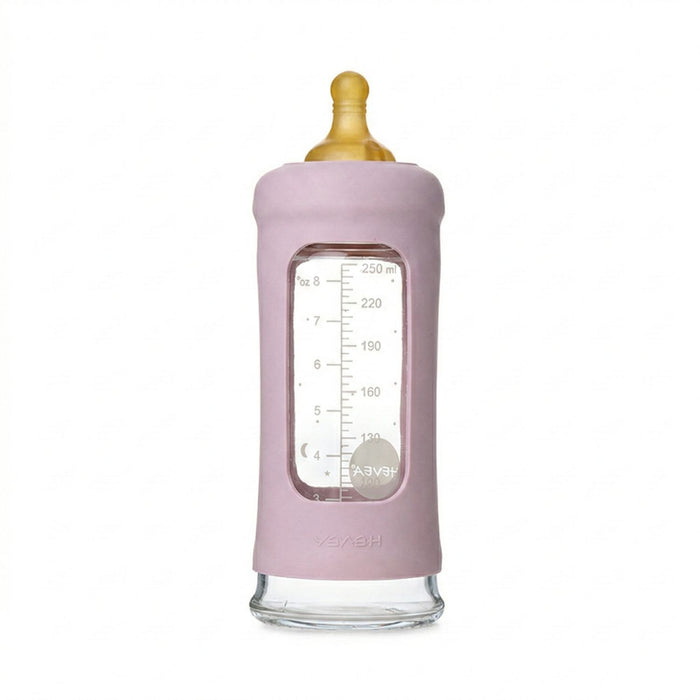 Biberon en verre à col large avec manchon Hevea 250ml - Rose