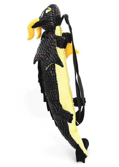 Sleepyville Critters Black Dragon Plush Sling Backpack in black gold with 3D dragon plush and wing detail on rave festival sling backpack — front view