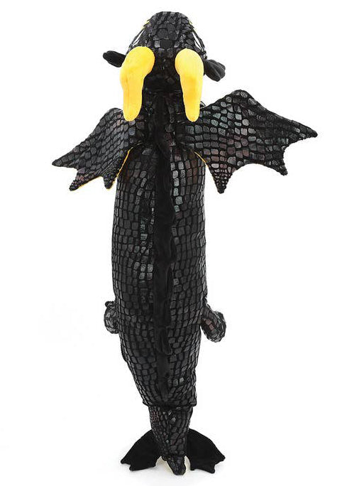 Sleepyville Critters Black Dragon Plush Sling Backpack in black gold with 3D dragon plush and wing detail on rave festival sling backpack — back view