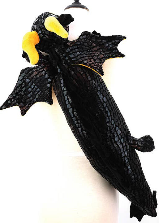 Sleepyville Critters Black Dragon Plush Sling Backpack in black gold with 3D dragon plush and wing detail on rave festival sling backpack — wing detail view