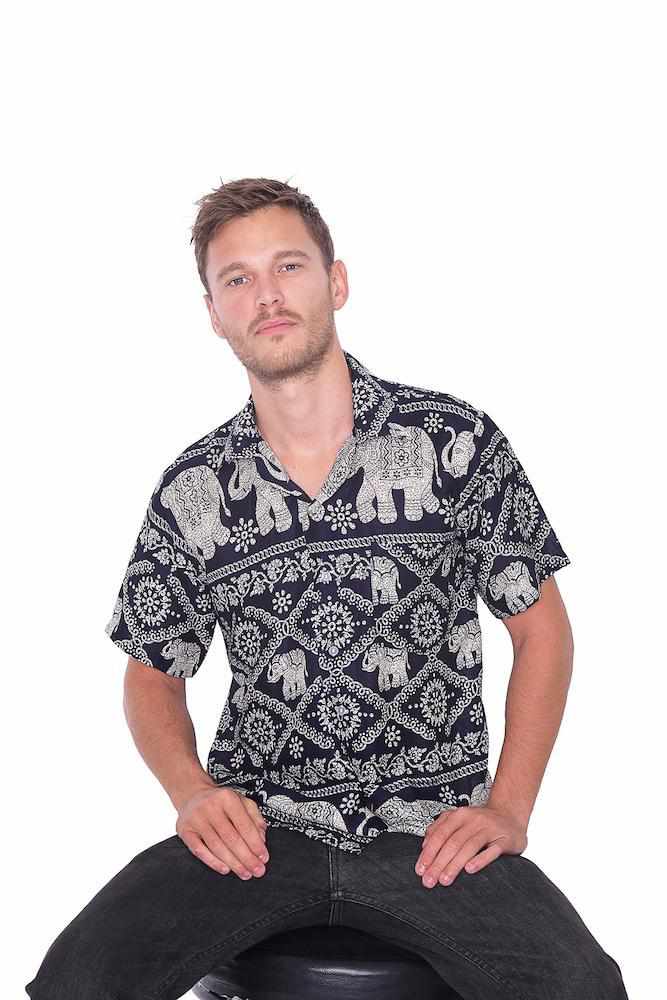 Black Elephant Print Aloha Short Sleeve - Lannaclothesdesign Shop