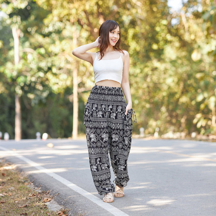 Black Elephant Stamp Harem Pants - Lannaclothesdesign Shop