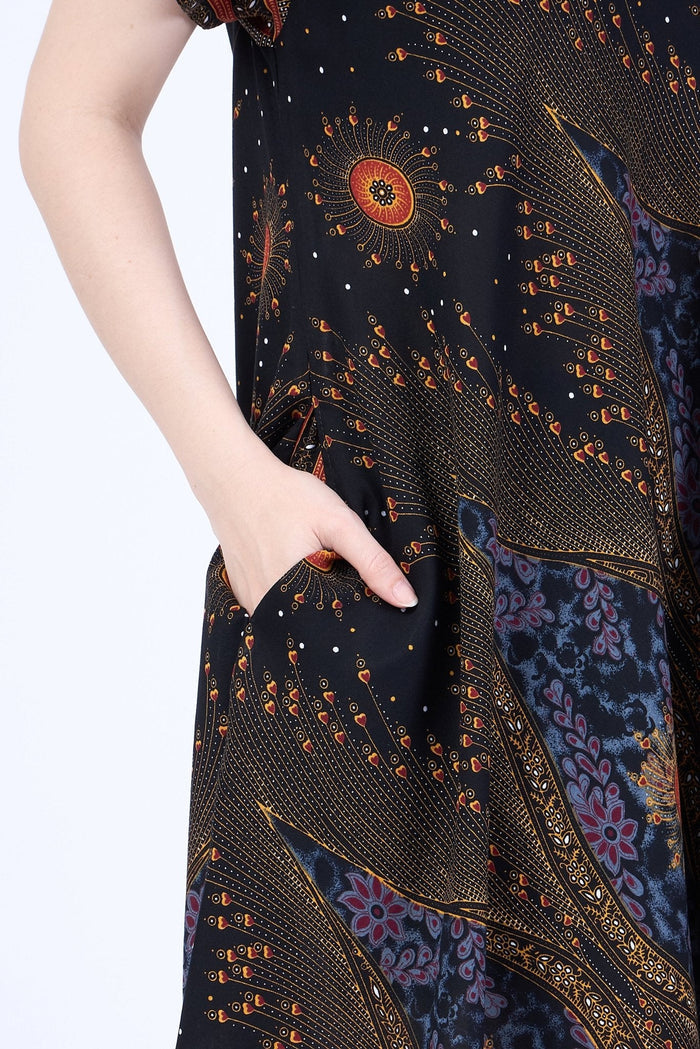 Black Flower Eye Dress with Sleeves and Two Pockets - Lannaclothesdesign Shop