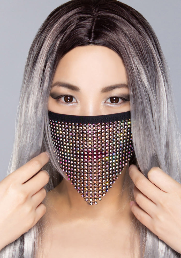 BGlittz Black Madonna AB Stone Crystal Face Mask in black with triangular AB crystal stone fabric and chained backing on handmade rave crystal mask — model front view