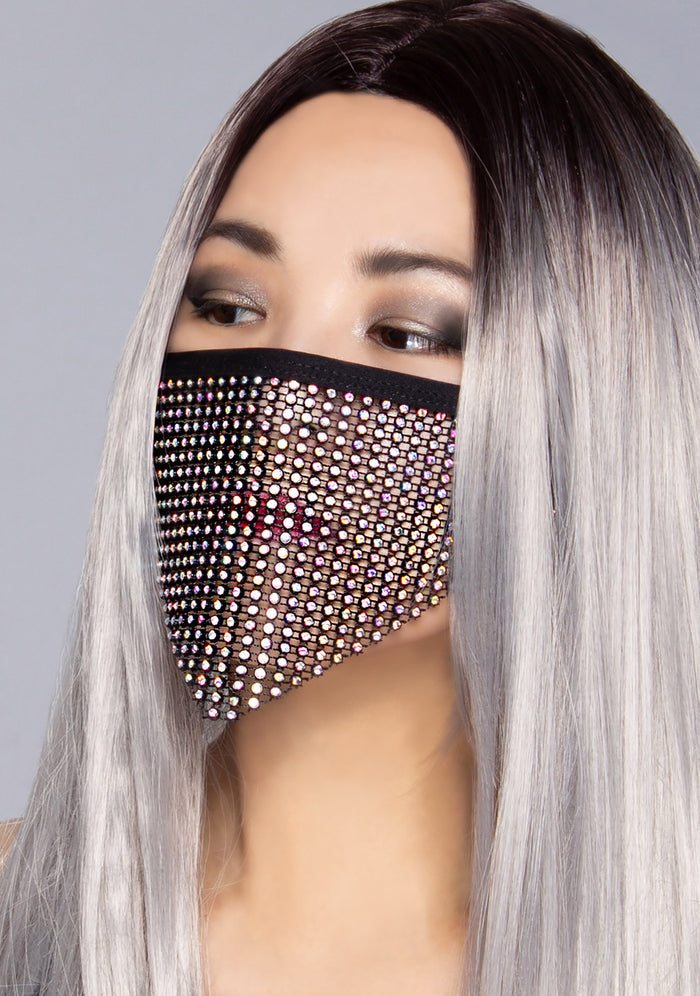 BGlittz Black Madonna AB Stone Crystal Face Mask in black with triangular AB crystal stone fabric and chained backing on handmade rave crystal mask — model side view